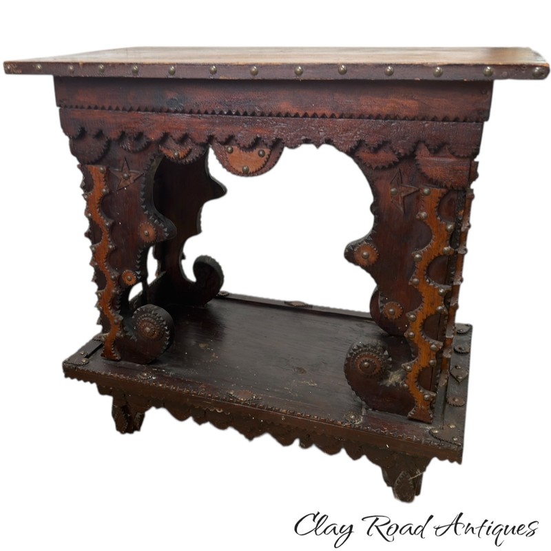Antique chip carved tramp art table side end work table folk art 1890 hearts gallery