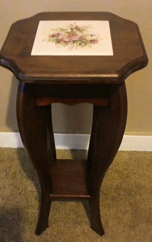 Vintage Rose Tile Bombay Co Mahogany Tiered Pedestal Stand / Side Table Plant