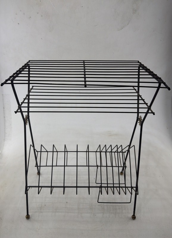 VTG MCM Mid Century Modern Black Metal Wire Magazine Record Rack Table