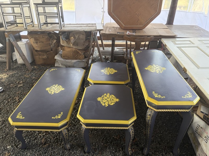 Antique Blue and Yellow Wood Coffee and End Tables with Carvings