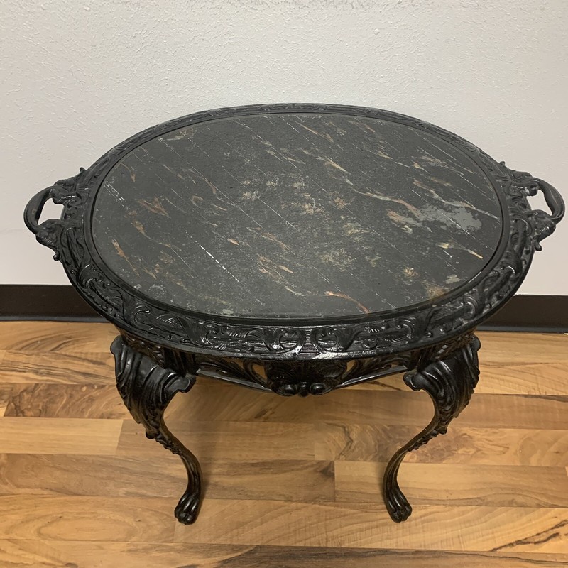 Antique 1880s Victorian Solid Cast Wrought Iron Table w/ Black Marble Top 24"L gallery