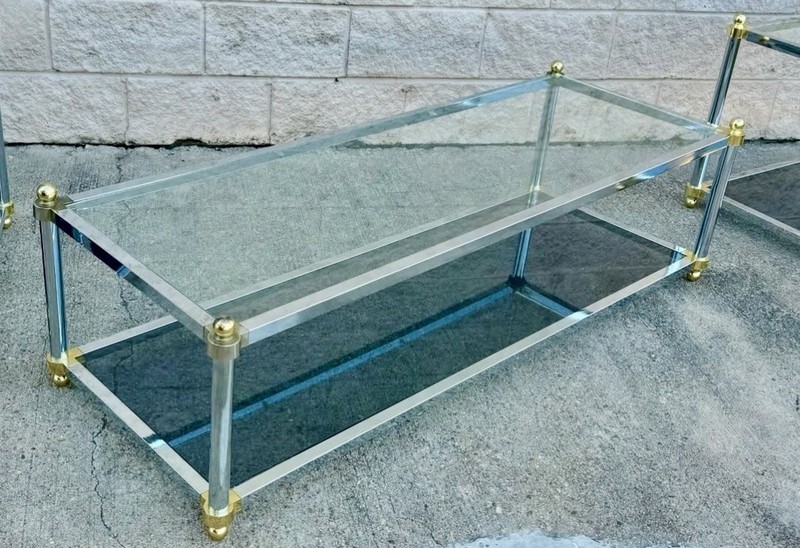 Maison Jansen Style Chrome Brass Glass Coffee Cocktail Table Vintage 1980s gallery