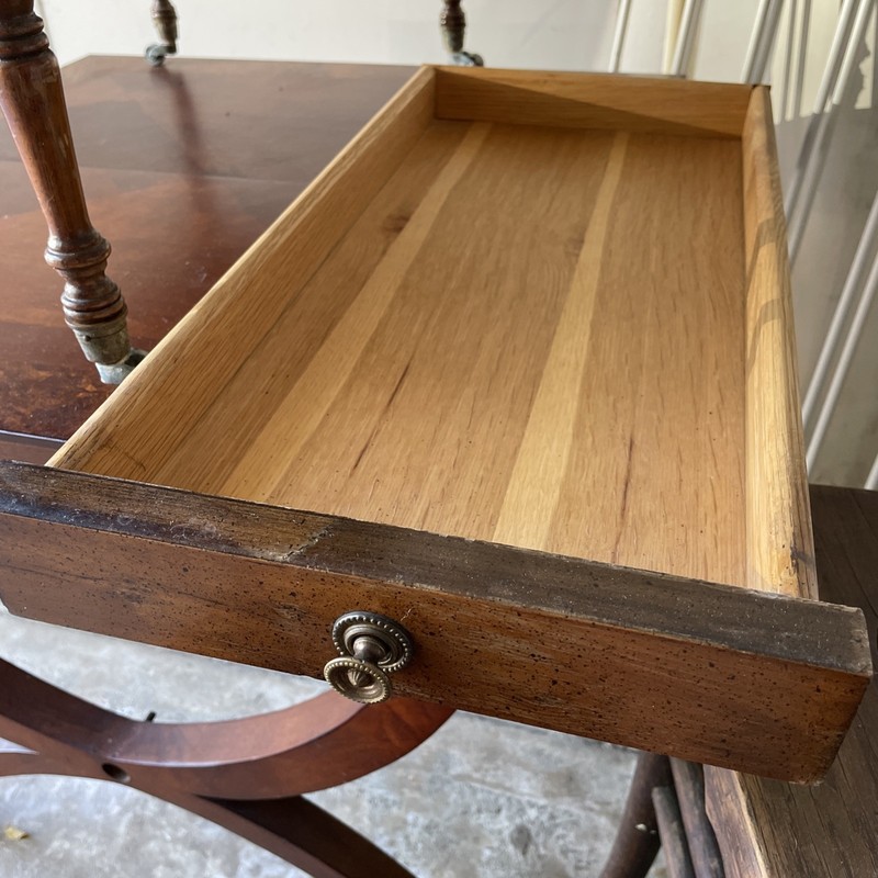Hickory Chair Company Wood Two Tier Side-table On Wheels With Bottom Drawer. gallery