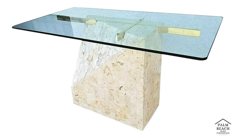 80’s MAITLAND SMITH Mactan Tessellated Stone Brass Glass Console Sofa Table