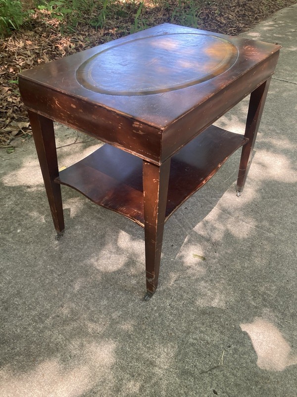 Antique Wooden Side Table with Casters and Lower Shelf, Brown Finish gallery