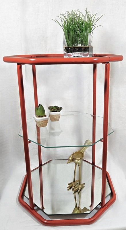 Fully Restored Brick Red Brass Glass Mirror 3 Tier Etagere Shelf Unit C. 1960s