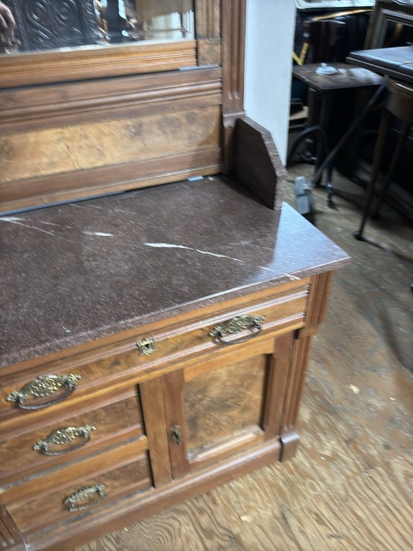 Antique victorian burl walnut high back washstand project marble top ornate 1880 gallery