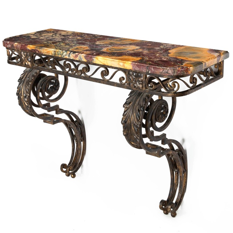 Circa 1930s Art Deco Wrought-Iron Marble Console Pier Table