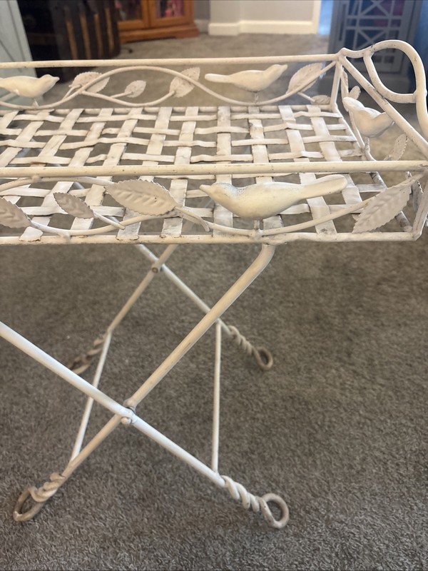VTG Fold Up Wrought Iron Patio Side Table Garden Plant Stand airy lattice Top gallery