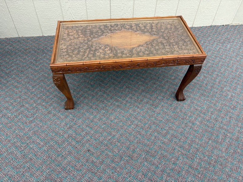 67733 Hand-Carved Coffee Table with Glass Top and Floral Design gallery