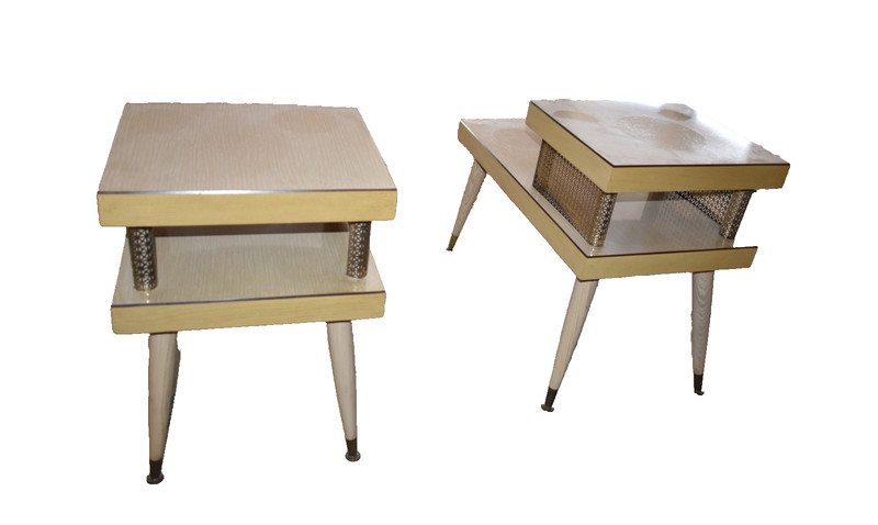 Pair Mid Century Modern Step End Tables Brass Lattice Two Tier Atomic Nightstand gallery