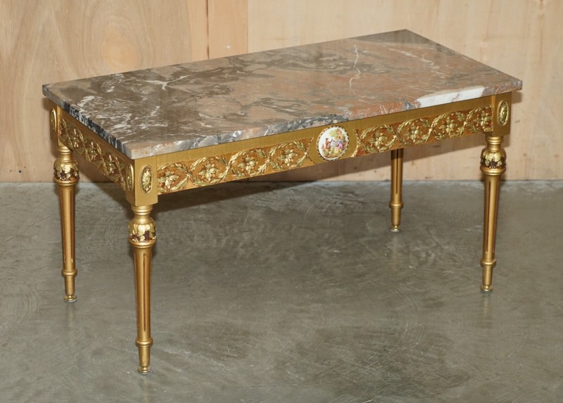 FRENCH MARBLE TOPPED GOLD GILTWOOD COFFEE TABLE WITH SIGNED PAINTED PARIS PLAQUE gallery