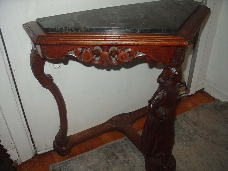 Antique Maiden Figural Parlor Table Wood Black Marble Top Triangle Shape gallery
