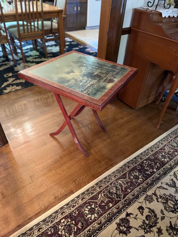 Vintage Folding Tray Table with Signed A. Herbe Landscape Art Top – Mid Century