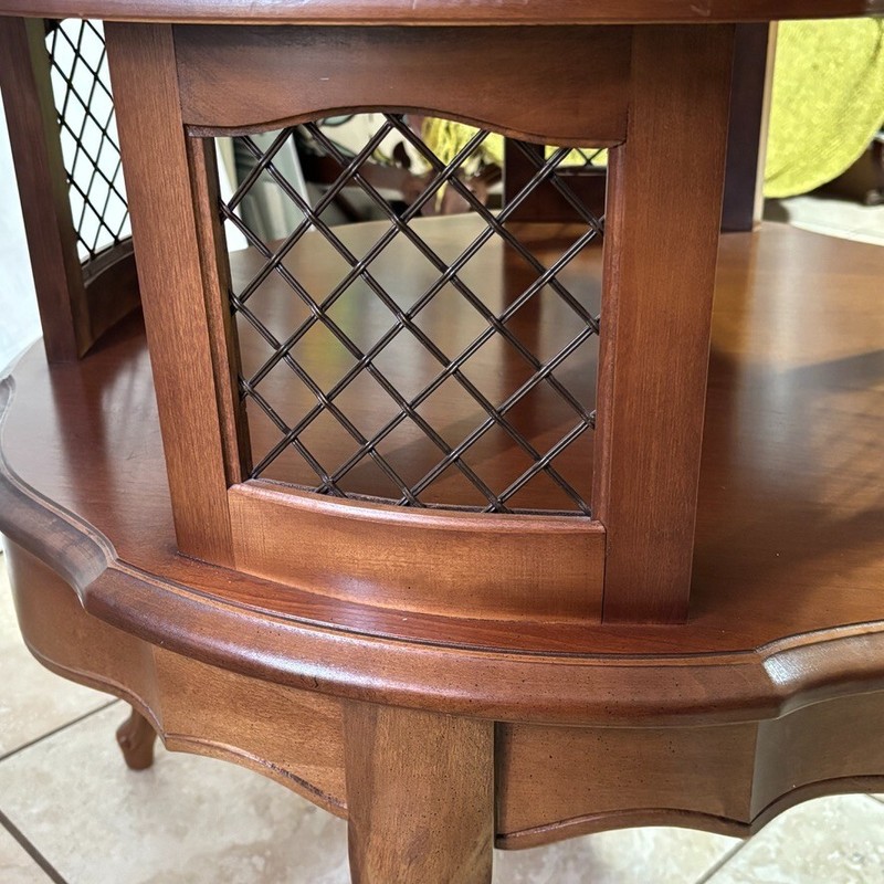 Mid 20th Century Hardwood, Brass Mesh French Round Accent Table 28 x 26" gallery