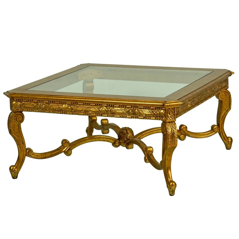NO TARIFFS! Glass Top French Square Coffee table Mahogany wood Gold Leaf