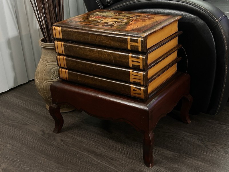 20th Century Faux Book Table With Portrait And Lift Top Storage gallery