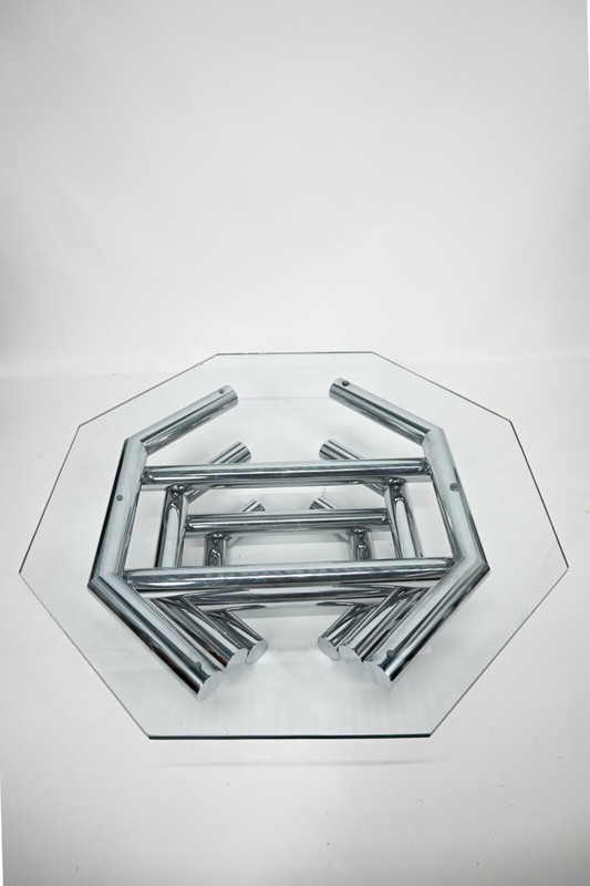 1970s Iconic Paul Mayen Style Chrome Coffee Table - Octagonal Glass Top gallery
