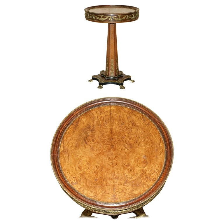 STUNNING FRENCH VINTAGE BURR WALNUT & GILT BRASS ROUND OCCASIONAL TABLE