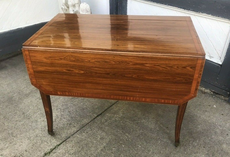 ANTIQUE EUROPEAN ROSEWOOD DROP LEAF SABRE LEG TABLE 2 DRAWER STAND gallery