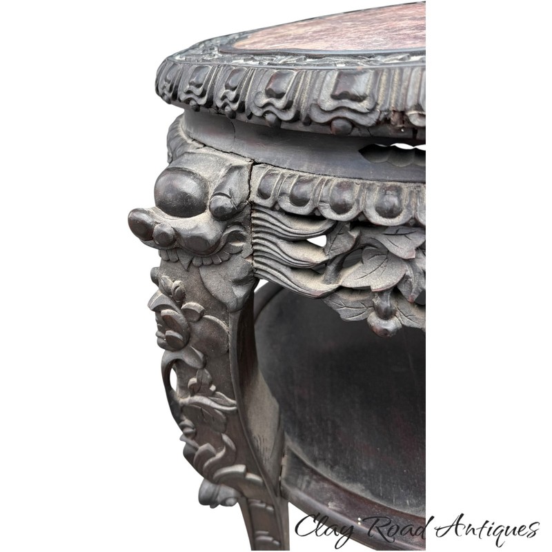 Antique large Chinese rosewood rose marble top stand center table carved 1880 gallery