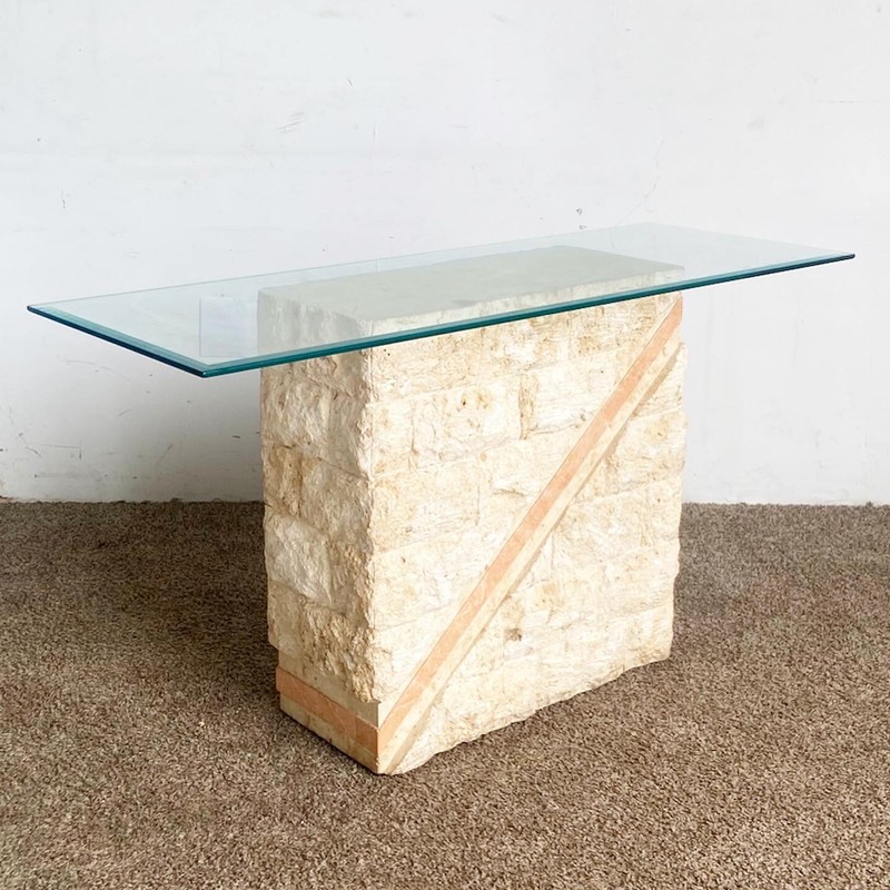 Postmodern Tessellated Mactan Stone Console Table w/ Polished Pink Stone Accent