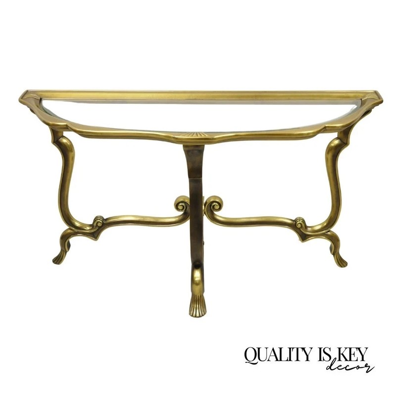 Vintage Hollywood Regency Mastercraft Style Brass Glass Console Sofa Hall Table