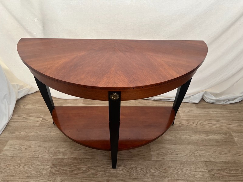 Vintage Ethan Allen Demilune Console Table Mahogany Top and Bottom Shelf gallery