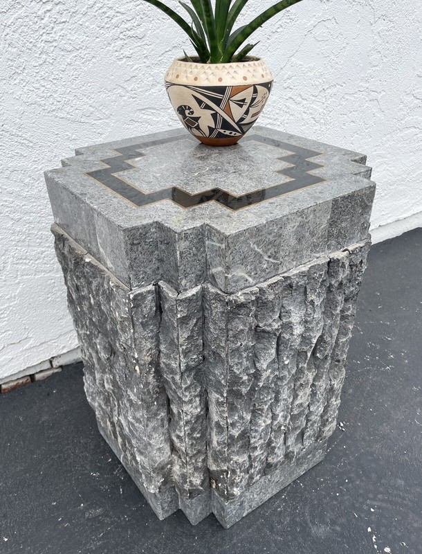 Vintage Postmodern Tessellated Stone Brass Inlay Pedestal Side Table Brutalist ￼ gallery