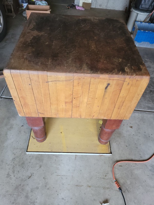 Old Butcher Block Farm Kitchen Table large heavy 30'' square Michigan Maple Co? gallery