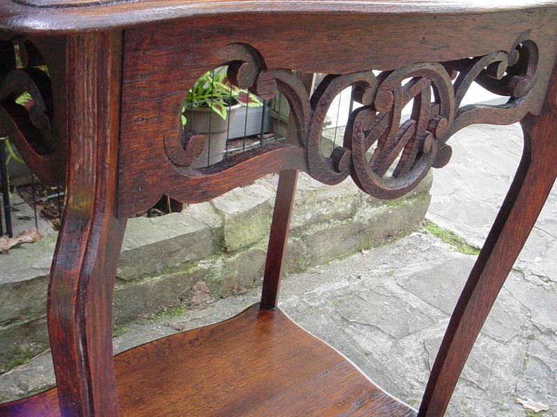 Nice Older Solid European Oak Lamp Side End Bedside Table W/Pierced Carved Skirt gallery