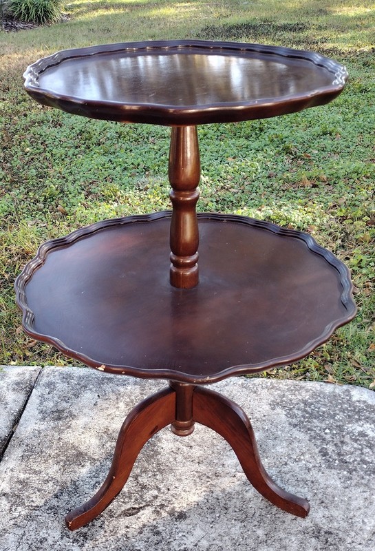 VTG Mahogany Round Pie Crust 2-Tier Pedestal Dumbwaiter Powell Side Table