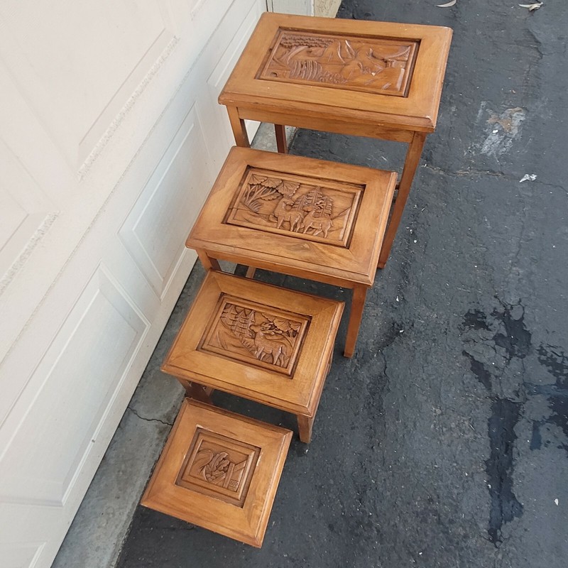 Vintage Carved Art Nesting Tables Set of 4 LOCAL PICKUP ONLY