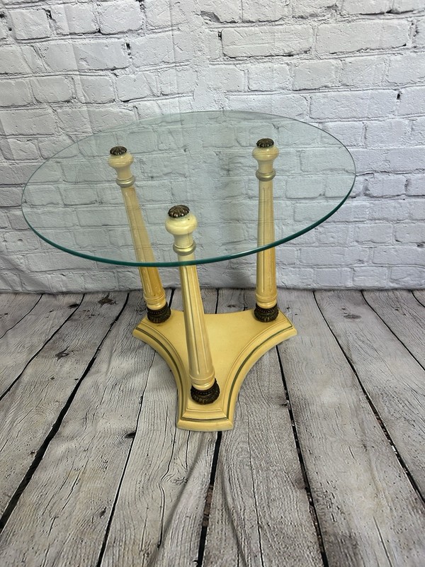 Hollywood Regency Accent Table Round Glass Top, Gilt Finished Base With 3 Legs