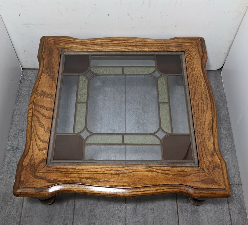 Vintage Rustic Short Oak Wood Stained Glass Table Plant Stand French Boho Chic gallery