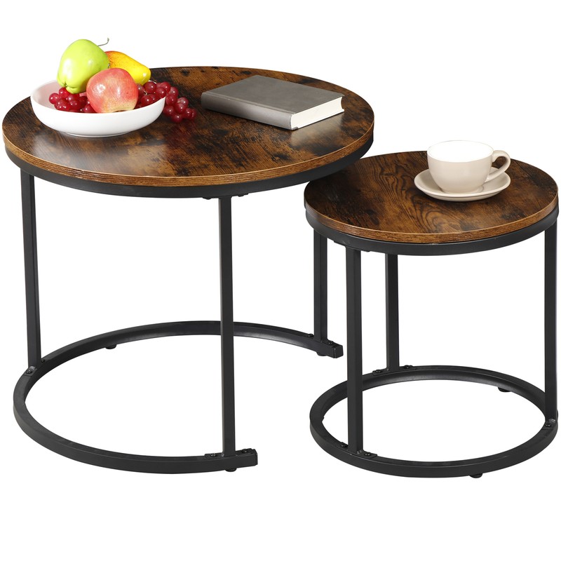 Nesting End Table Set of 2 Round Wood Accent Side Coffee Tables with Metal Frame gallery