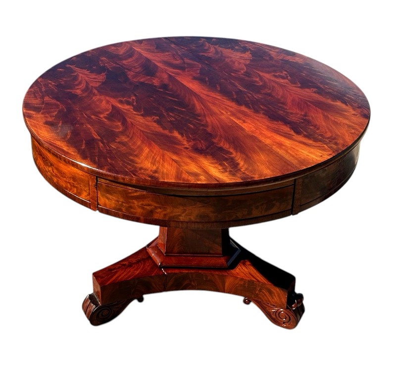 ANTIQUE LATE FEDERAL MAHOGANY THREE DRAWER CENTER TABLE ON OBELISK PEDESTAL BASE gallery