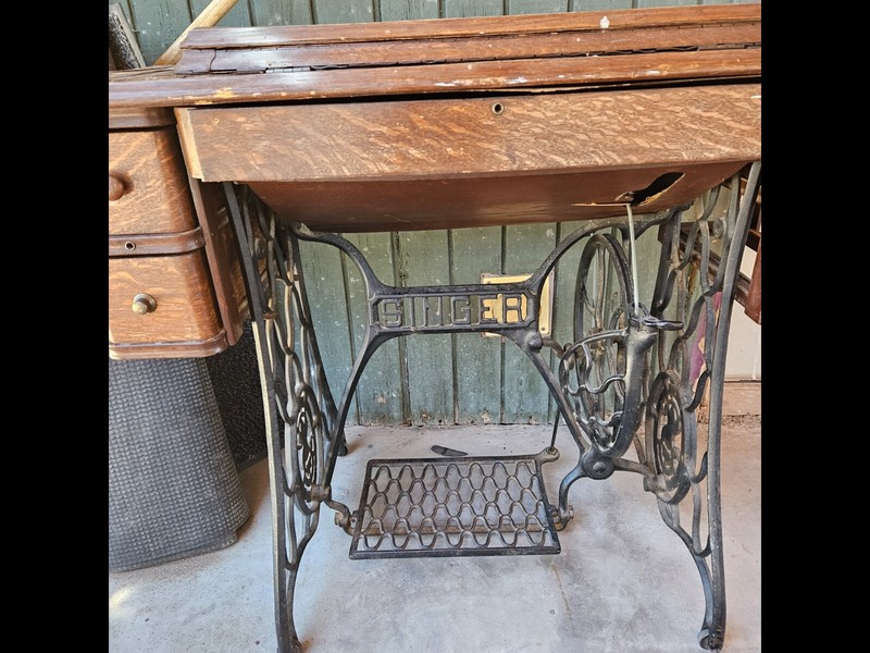 1916 sowing table brown worn but in good condition missing one drawer. gallery