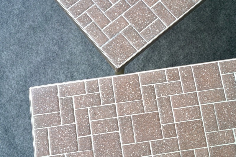 Pair of Mid Century Modern Mosaic Tile Top Tables Gold Anodized Aluminum - 26" gallery