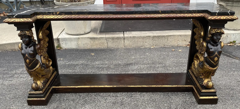 19th/20th c Gilt & Ebonized Marble Top Pier Table with Winged Caryatid Supports gallery