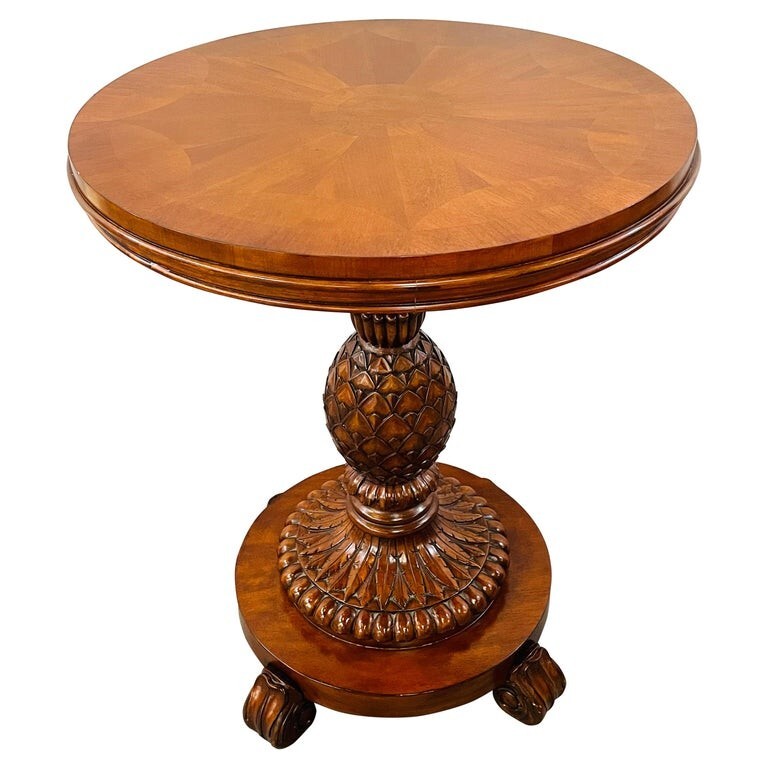 Vintage Ethan Allen Mahogany Pineapple Round Pedestal Table Sunburst Top Design
