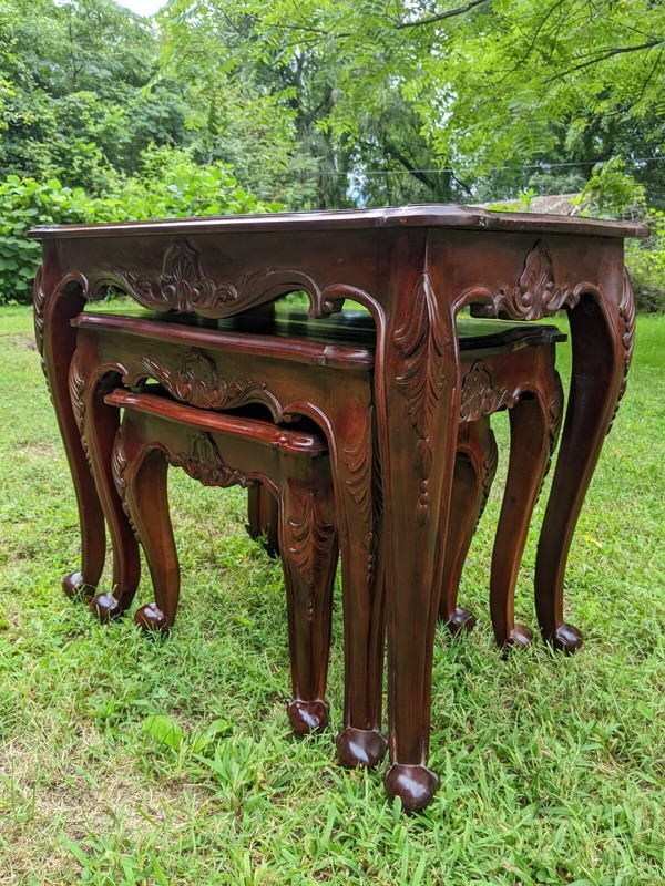3 Nesting Tables: Queen Anne Solid Cherry Wood Cabriolet Legs Carved Floral Swag gallery