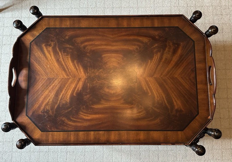 Vintage Mahogany Butler Serving Tray Cocktail Table 36″ Faux Bamboo Base gallery