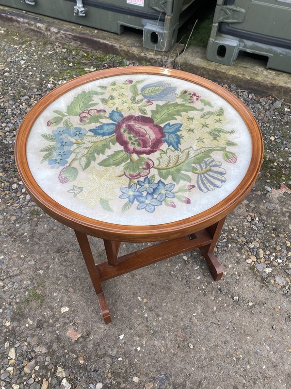 Vintage Beech Wood Needlework Embroidered Folding Gate Side Table Restoration