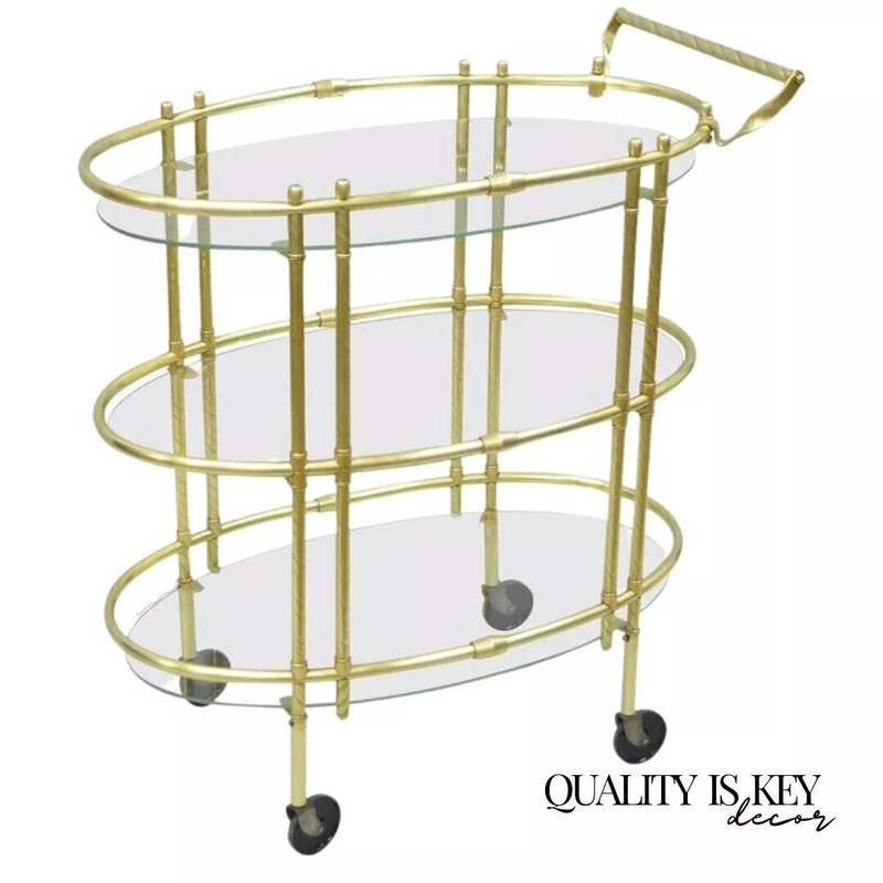 Mid Century Italian Modern Polished Brass & Glass Three Tier Oval Bar Tea Cart