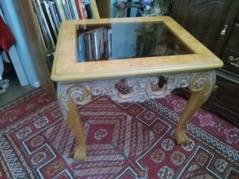Chippendale Birdseye Maple Coffee/end Table with Smoked beveled glass insert