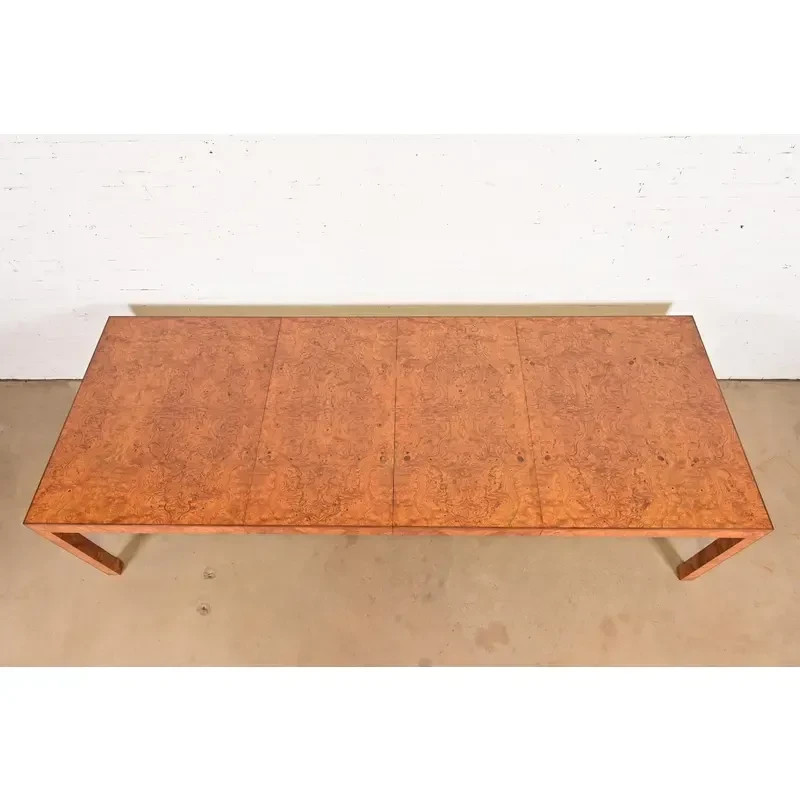 Milo Baughman Style Burl Wood Parsons Extension Dining Table, Newly Refinished gallery