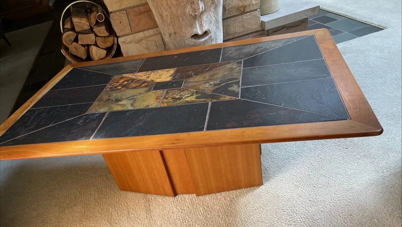60’s Mid Century Modern Teak Walnut Original Custom Slate Inlays Coffee Table gallery