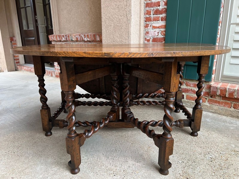 Antique English Wake Dining Table Drop Leaf BARLEY TWIST Jacobean Oak Console gallery