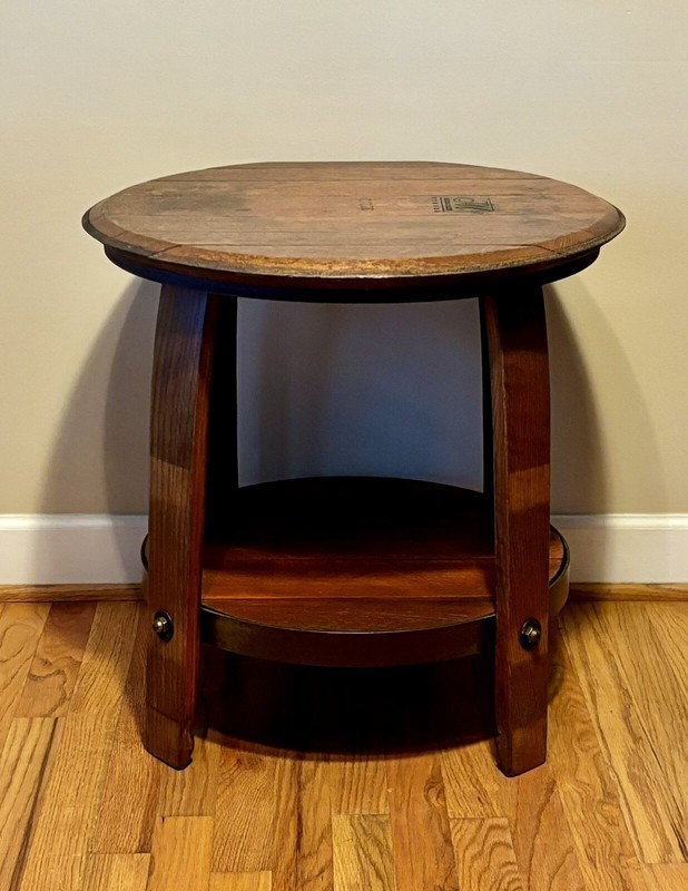 Vintage Tonnellerie de Mercurey Small Oak & Iron Wine Barrel Accent Table gallery